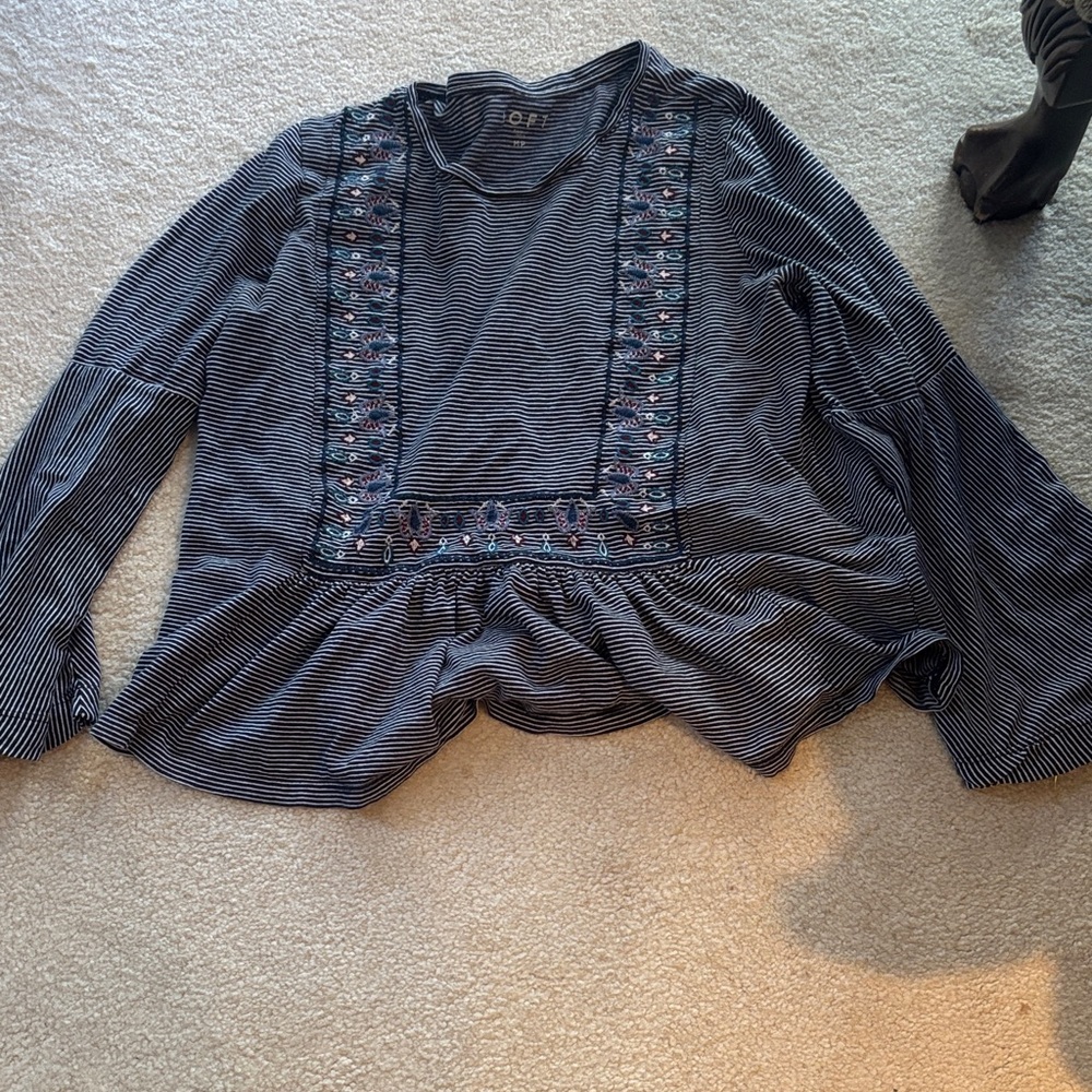 LOFT Black and White Striped Blouse with Embellished Details